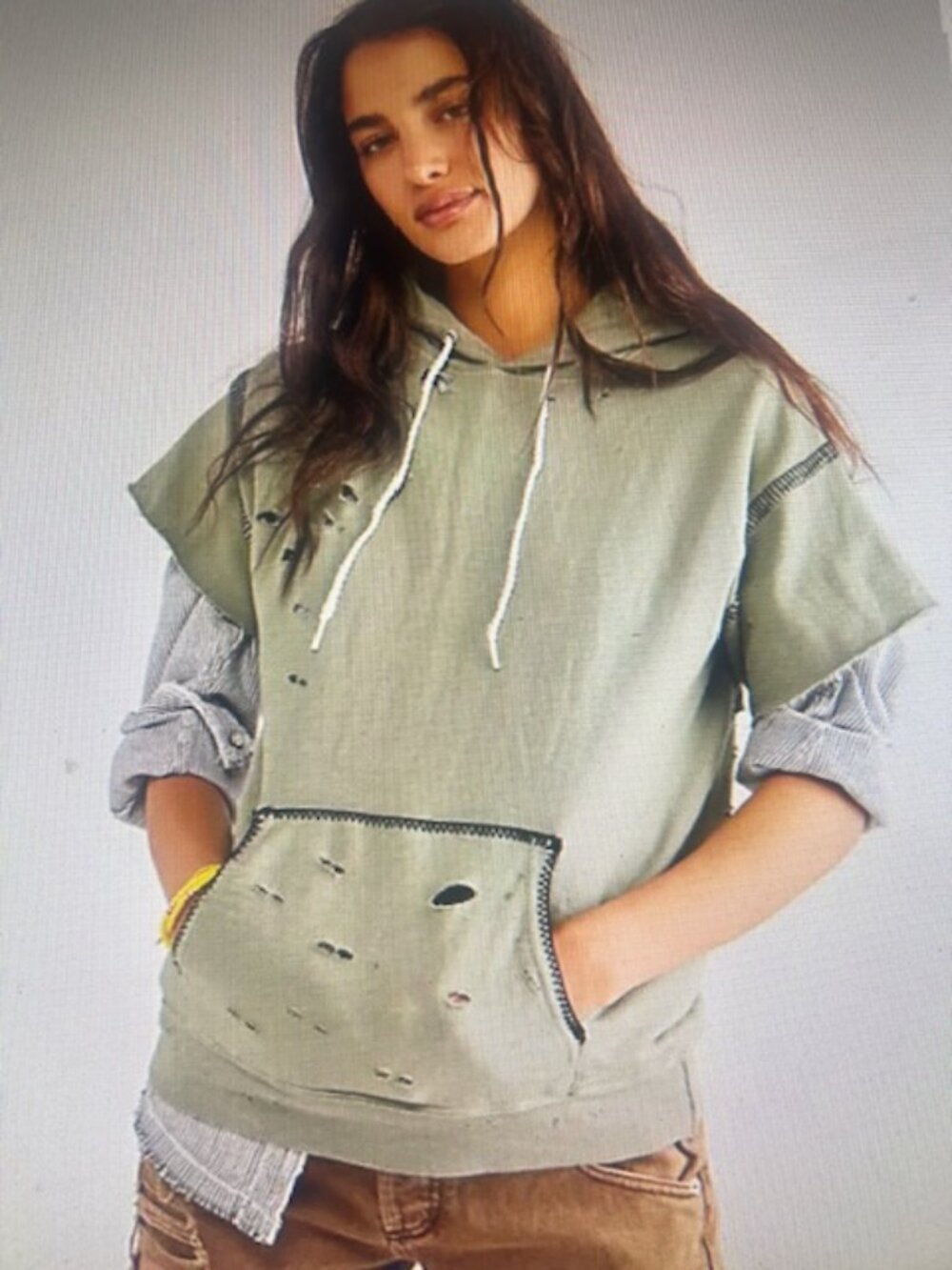 Free People x TRICIA FIX  Short Sleeve Stitch Distressed Rib Plush Hoodie NWT